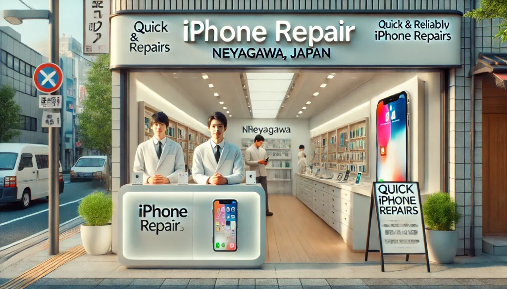 寝屋川にあるiPhone修理店のモダンで信頼感のある店舗外観。